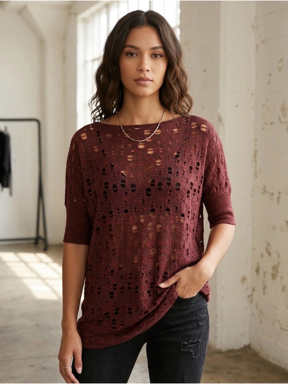 Sarah Pacini Short-Sleeve Burgundy Loose Knit Top